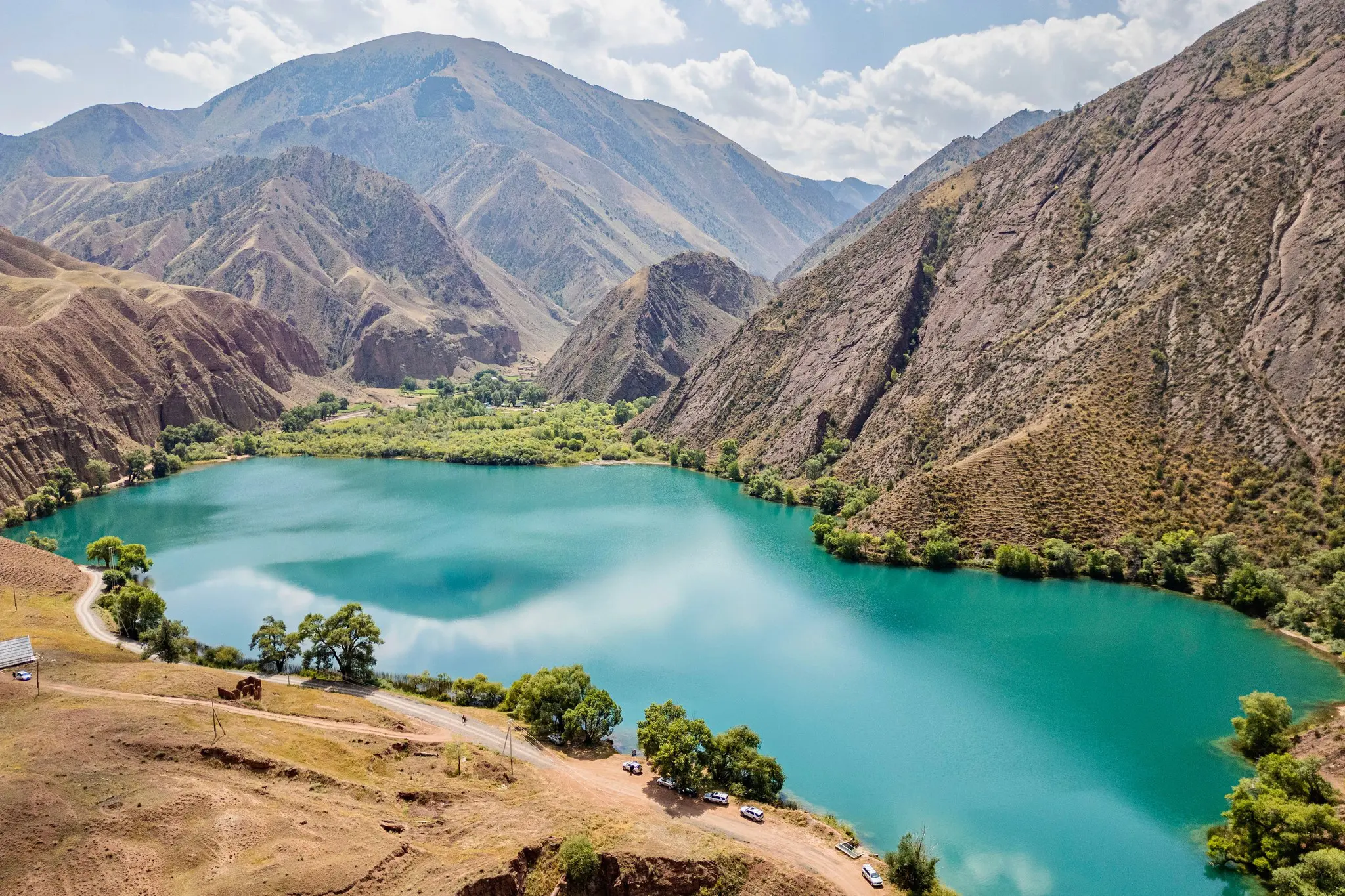 aerial view of turquoise lake in mountainous Kyrgyzstan landscape