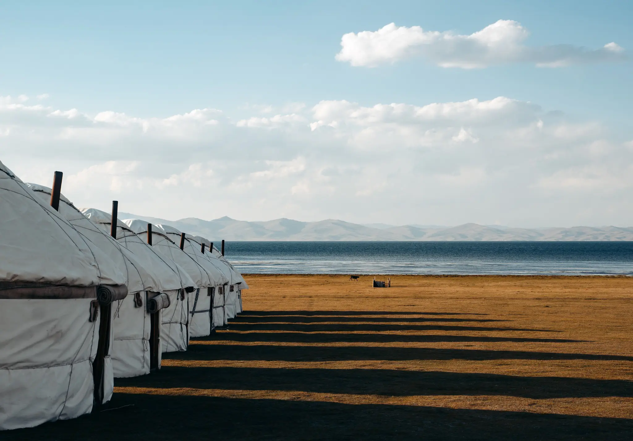 row of yurts by a lake in Kyrgyzstan
